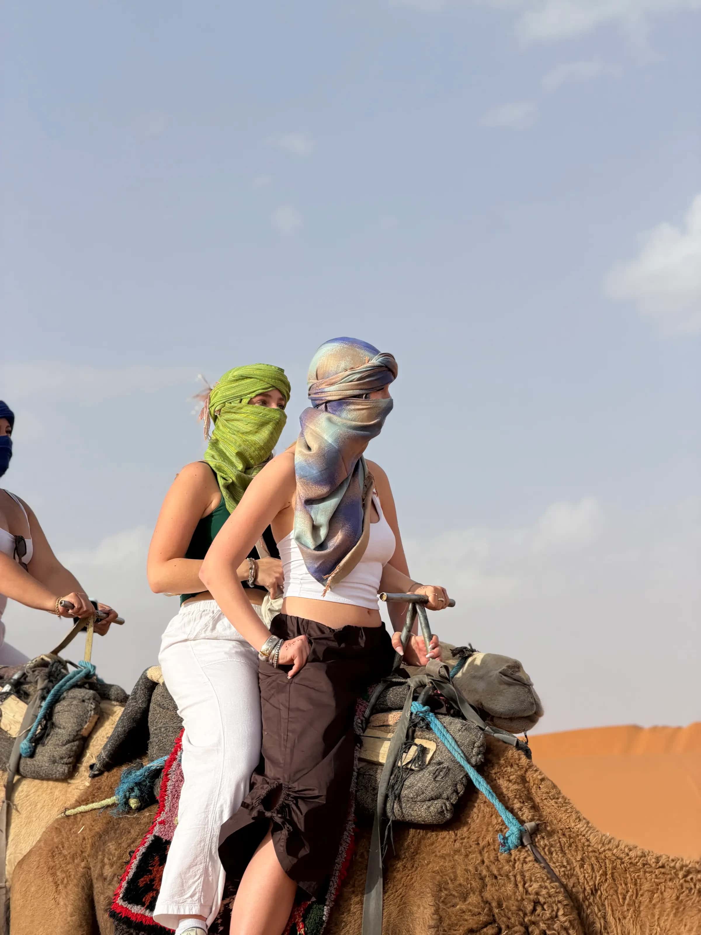 Two travellers in desert scarves beside their camels