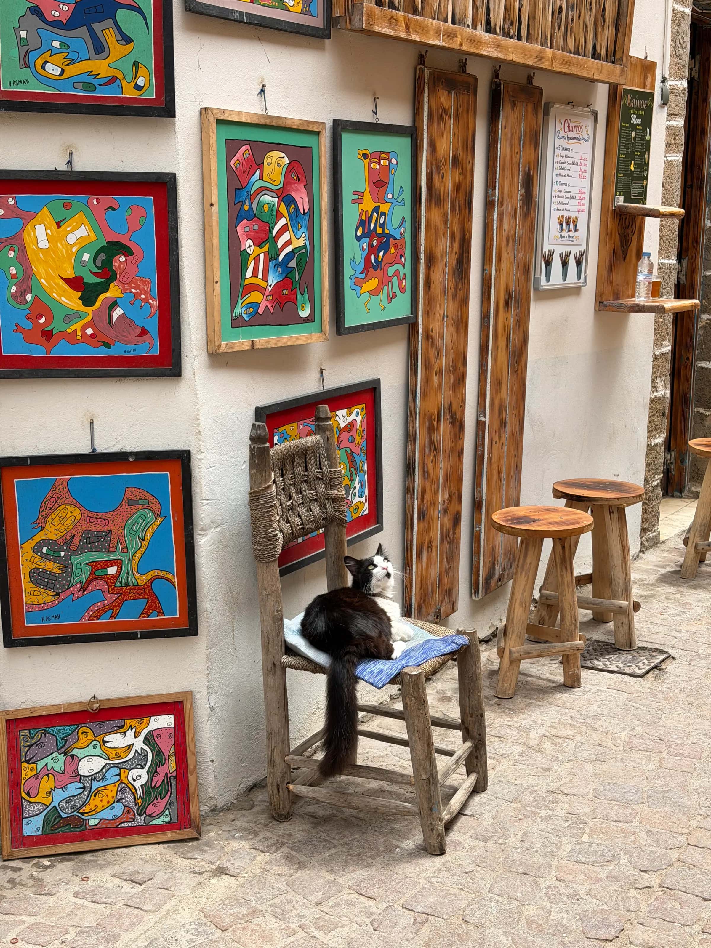 A painter's shop in the medina, with a cat on a stool